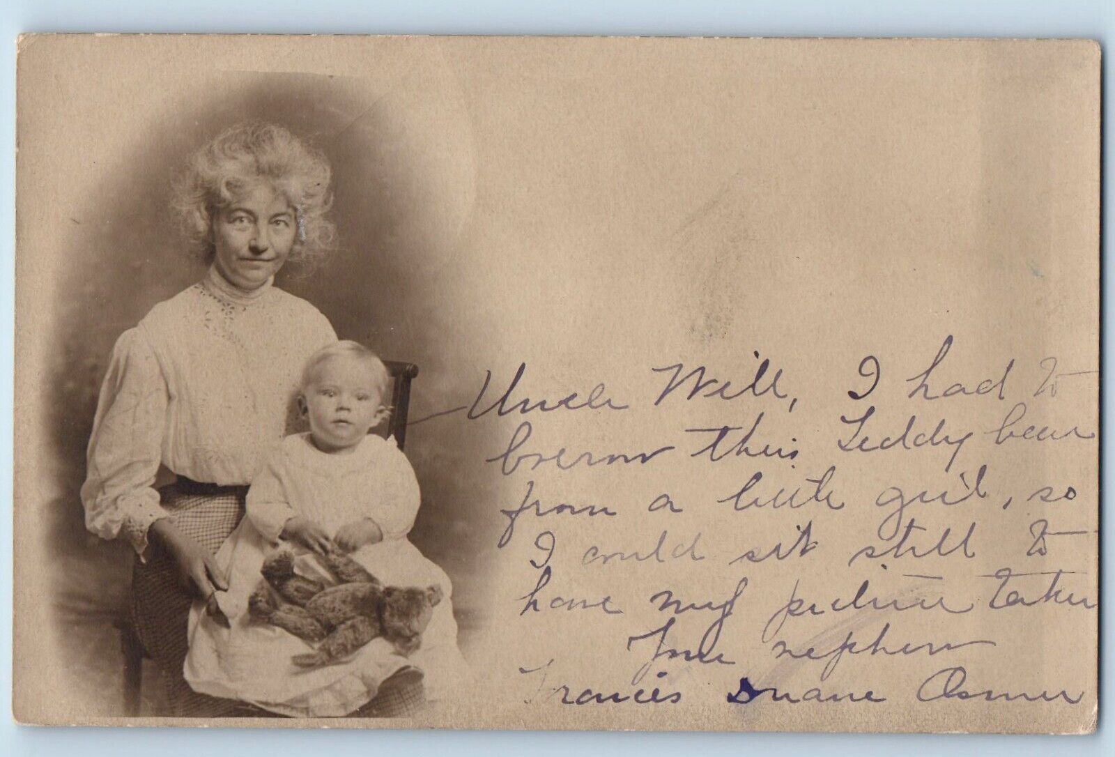 c1910\'s Postcard RPPC Photo Grandmother And Cute Baby Girl With Teddy Bear