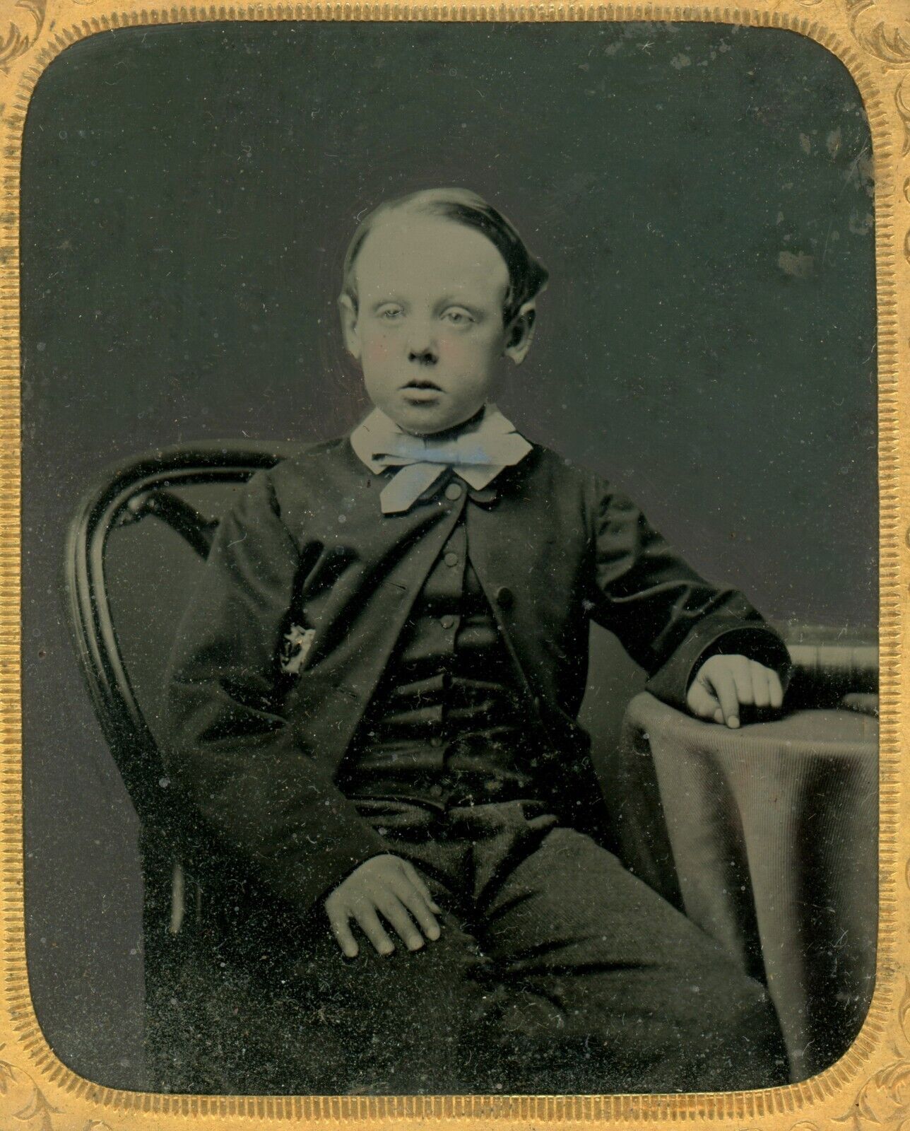 c1870 original ambrotype photograph smart boy in suit blue bow tie sixth plate