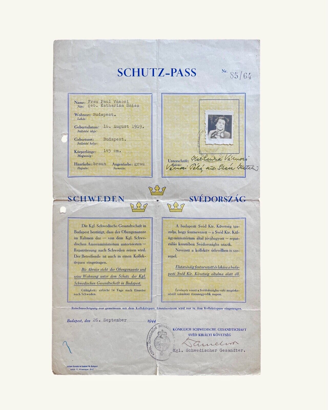 RAOUL WALLENBERG – INCREDIBLY RARE SIGNED SCHULTZ-PASS FROM 1944, WW2 (w/ COA)