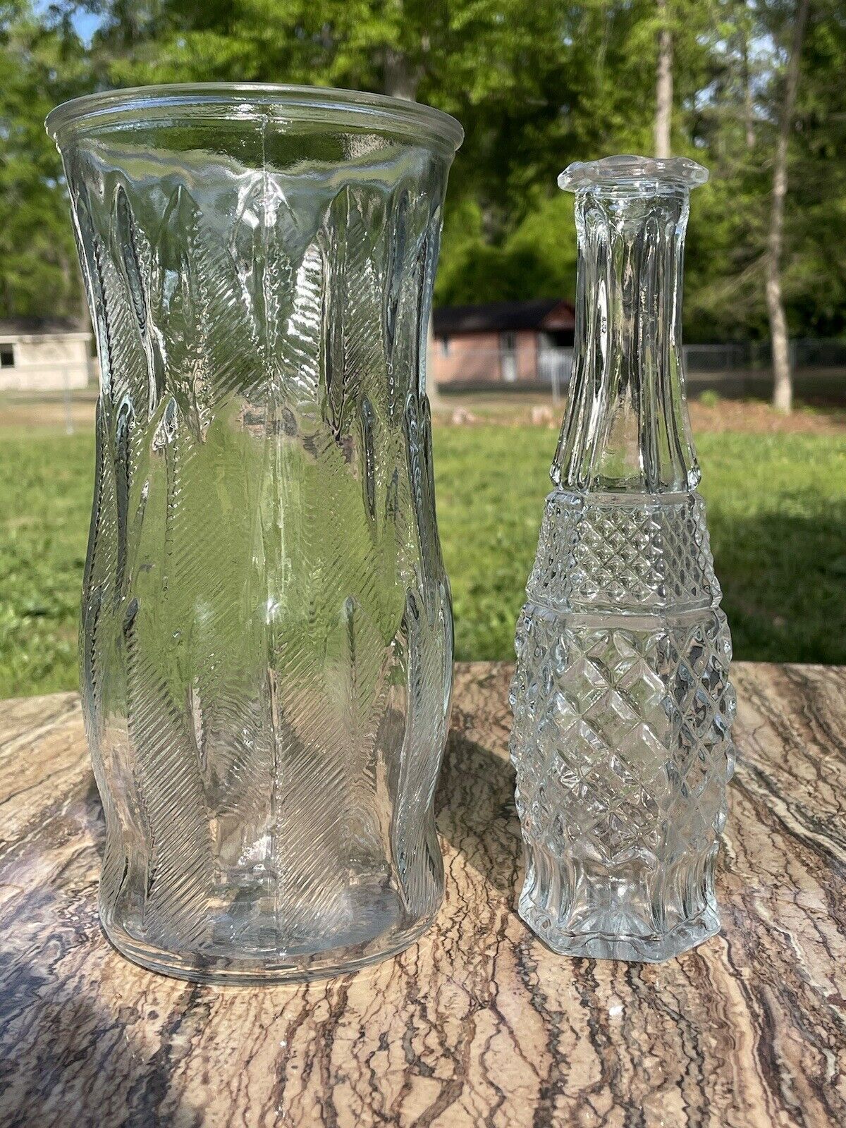 Vtg Tall Thick Clear Glass Vase Set Pressed Artistic Feathered & Diamond Designs