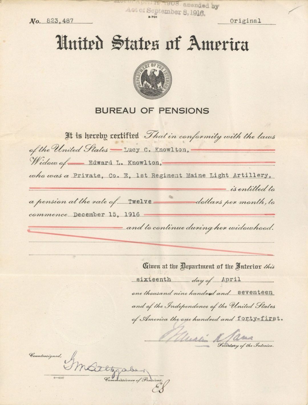 Bureau of Pensions - 1916 dated Americana - Miscellaneous