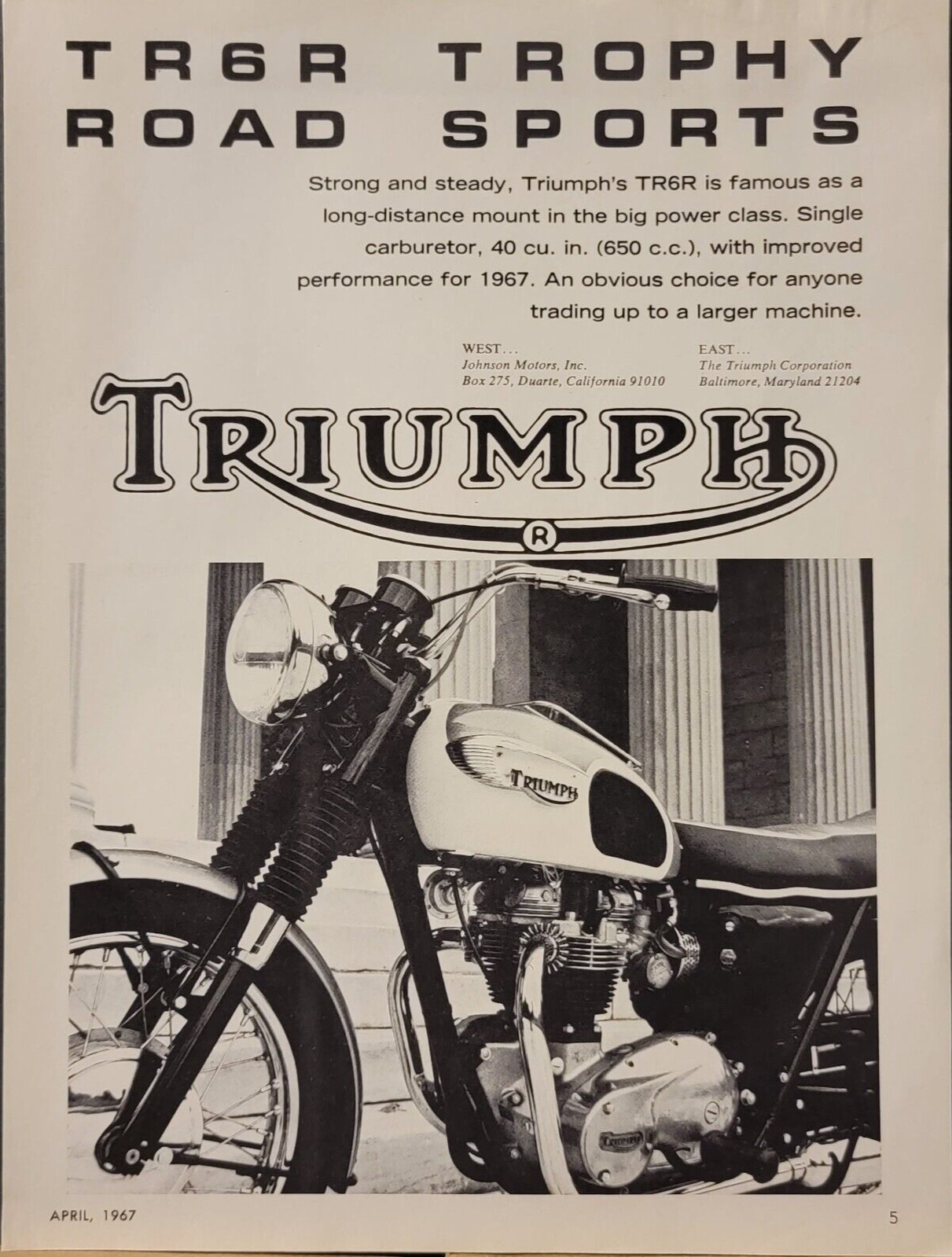 1967 Triumph TR6R Trophy Motorcycle Print Ad