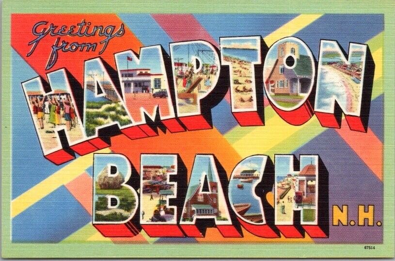 HAMPTON BEACH New Hampshire Large Letter Postcard Colorful TICHNOR Linen c1940s