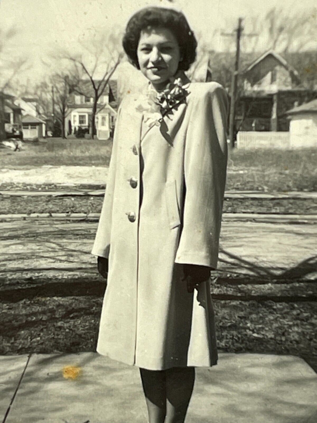 VE Photograph Pretty Woman Overcoat Flower Corsage 1940\'s Portrait 