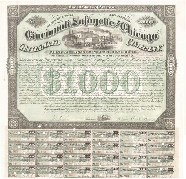 Cincinnati, Lafayette and Chicago Railroad Co. - $1,000 Bond - Railroad Bonds