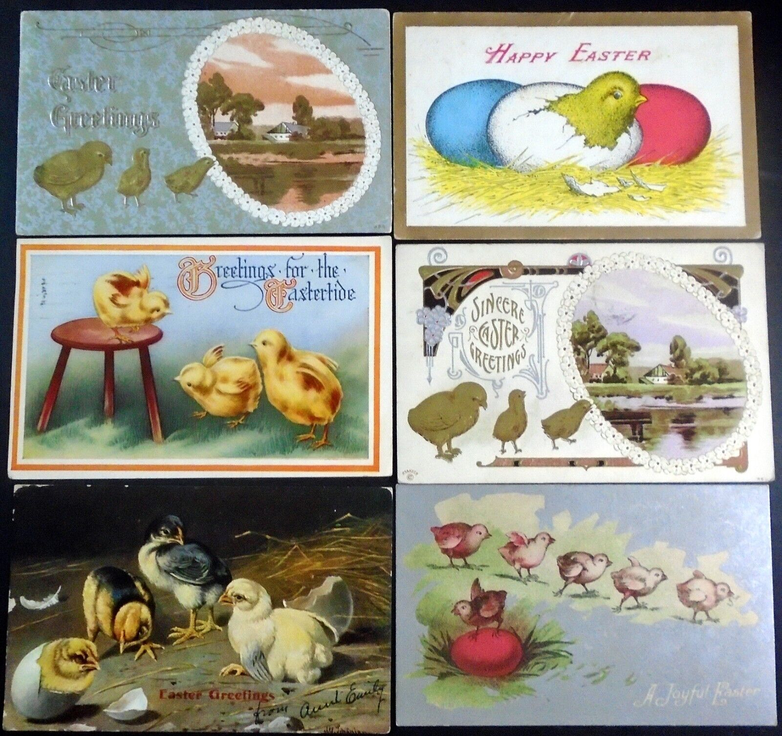 6 Old Used (1907-15) Easter Postcards featuring Baby Chickens, etc.
