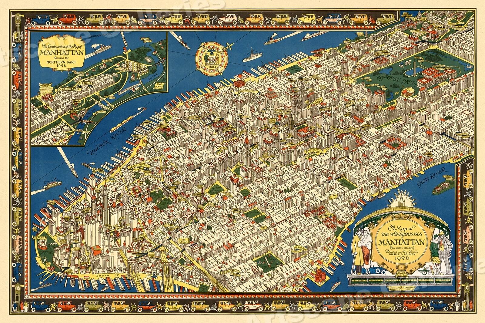 1920s Pictorial New York City Map of Manhattan - 24x36