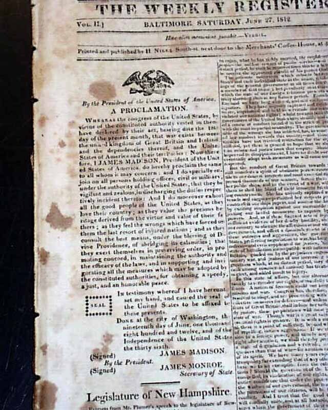 WAR OF 1812 United States President James Madison PROCLAMATION in Old Newspaper
