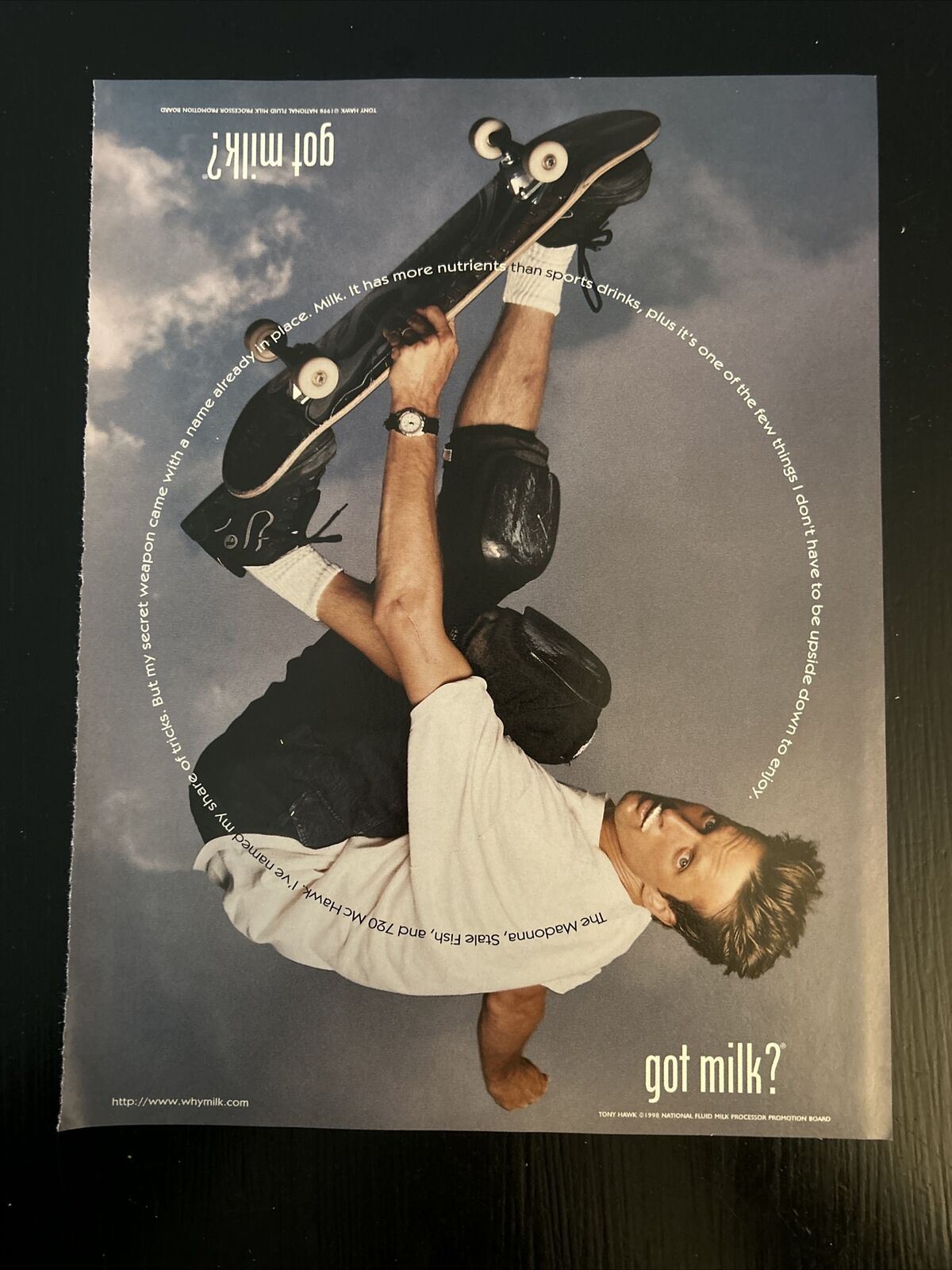 Got Milk? 1998 Print Promo Ad 1998 Tony Hawk Upside Down Approximately 8”x10.5”