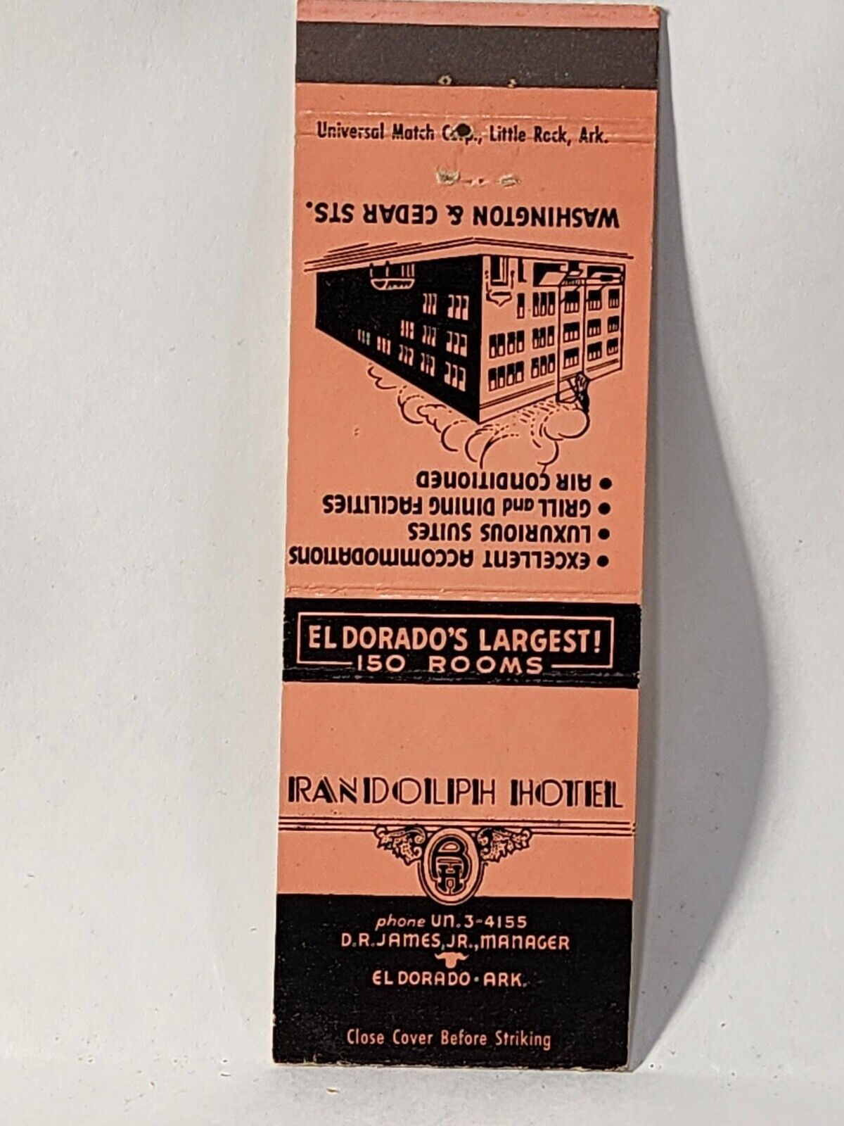 Vintage Matchbook Cover - RANDOLPH HOTEL El Dorado Arkansas AR Large 150 Rooms
