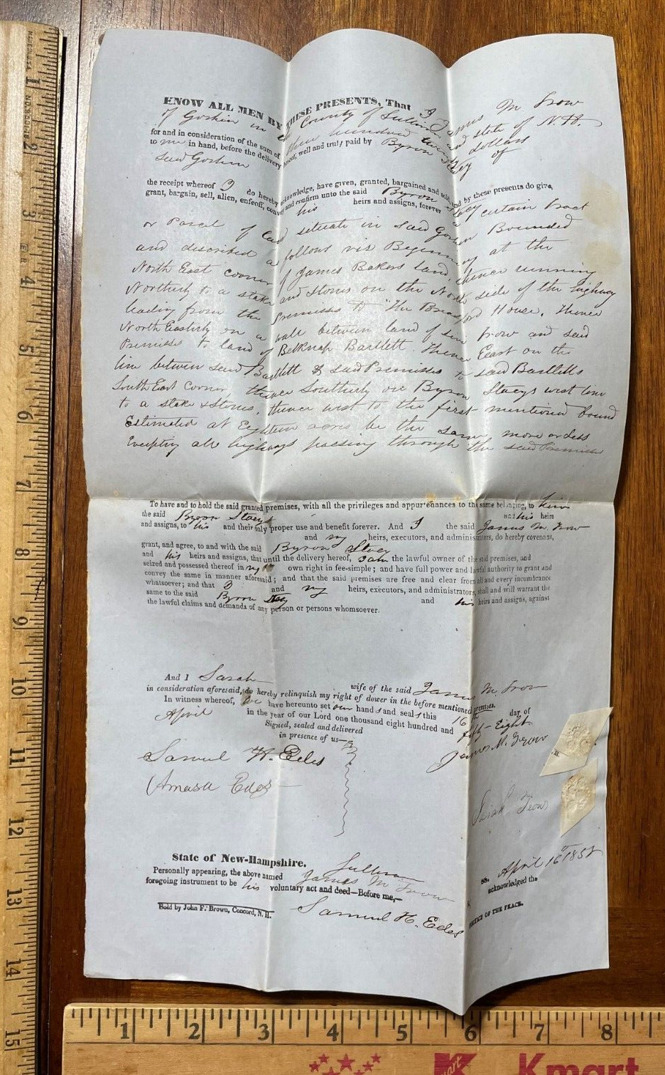 Antique 1858 land deed document James Trow Byron Stacy Goshen NH