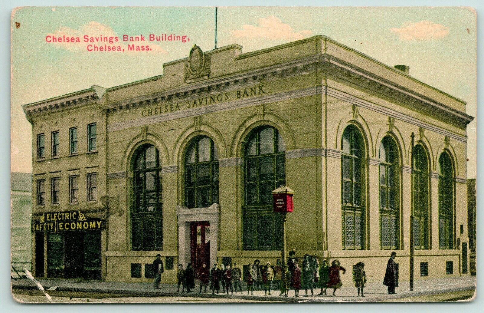 Chelsea Massachusetts~Chelsea Savings Bank Building~Group of Kids on Corner~1910