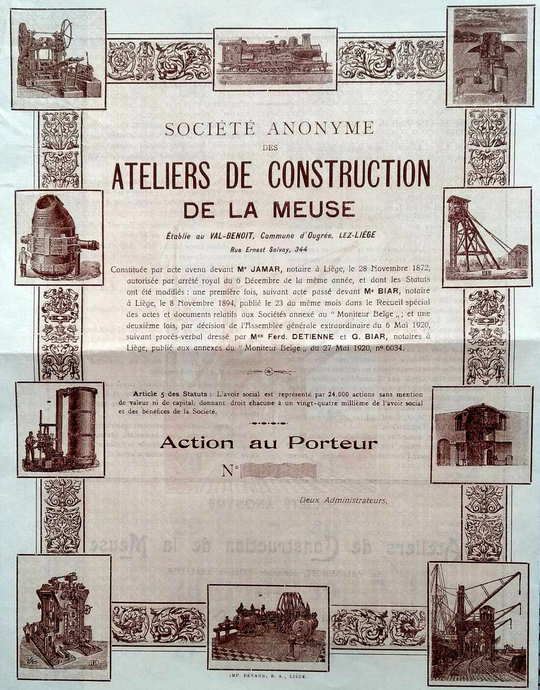 MEUSE CONSTRUCTION WORKSHOPS STE - 1920 BEARER ACTION - BELGIUM
