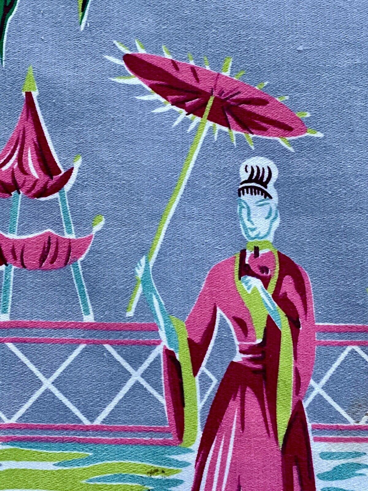 1930\'s Art Deco Miami Beach Oriental Asian Geisha Girl Barkcloth Vintage Fabric