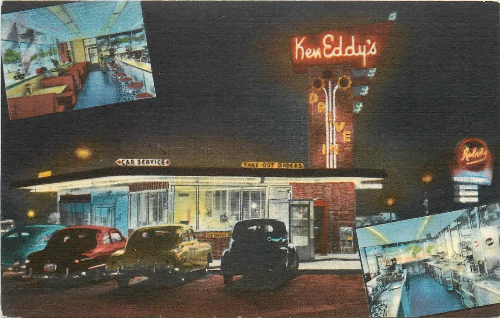 Postcard 1940s Nebraska Lincoln Ken Eddy's Drive in Restaurant Night NE24-1031