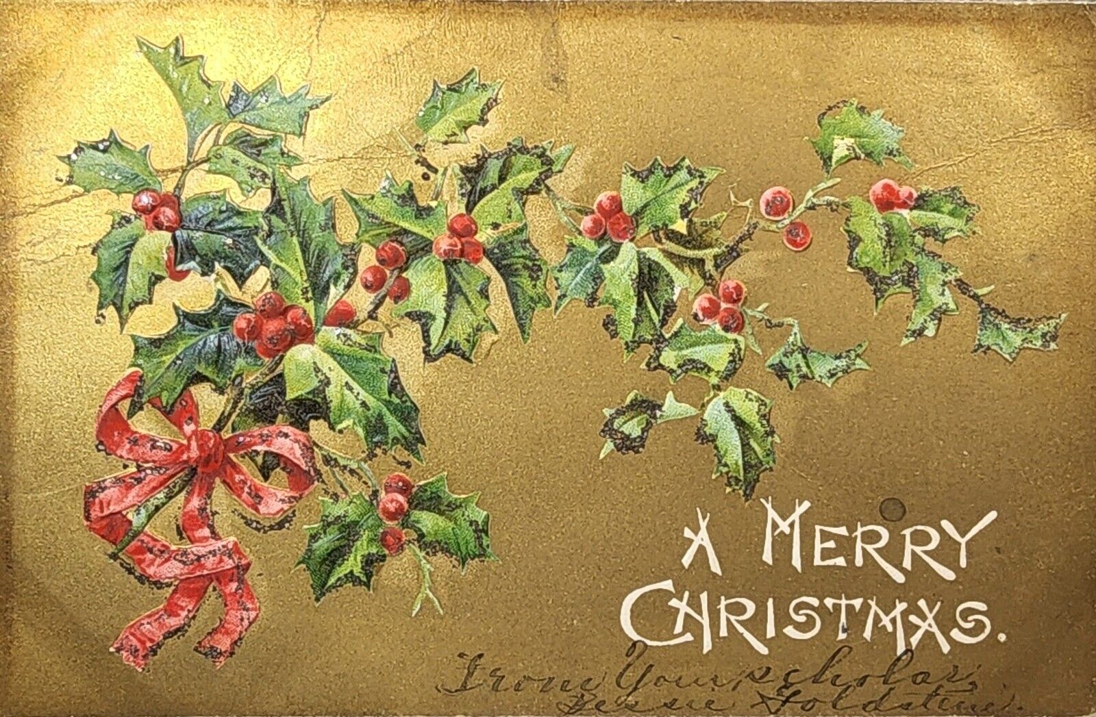 1906 Christmas Greetings Postcard ~ Embossed, Goldtone, Glitter ~ #-4843