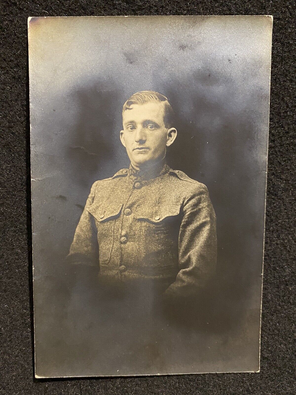 WWI Soldier In Uniform Handsome Man Antique RPPC Real Photo Postcard