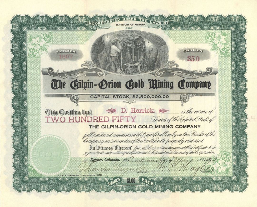 Gilpin-Orion Gold Mining Co. - 1912 dated Arizona Mining Stock Certificate - Min