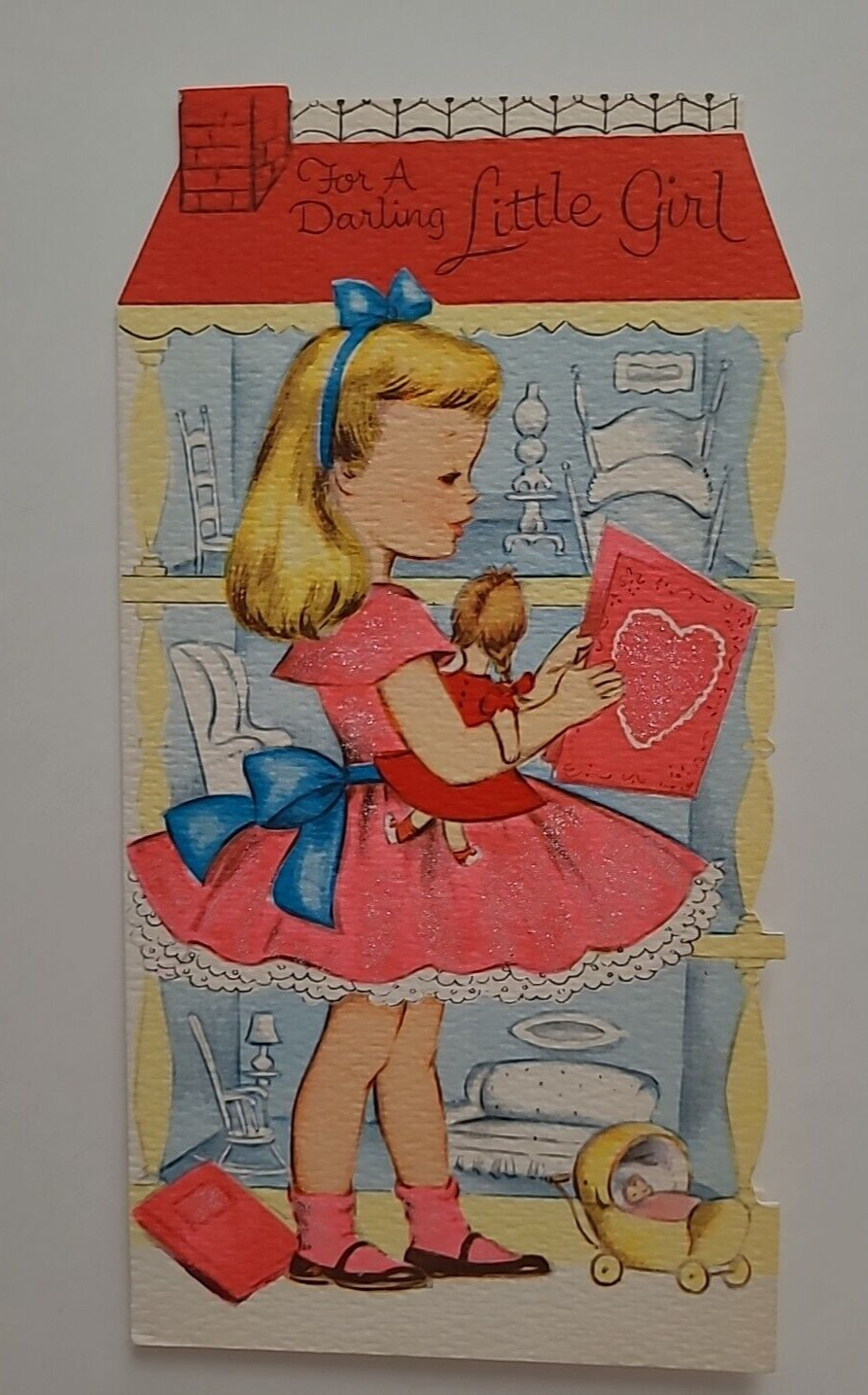 UNUSED Vtg VALENTINE GIRL Glitter DRESS w DOLL & Doll HOUSE Orig 5 cent CARD