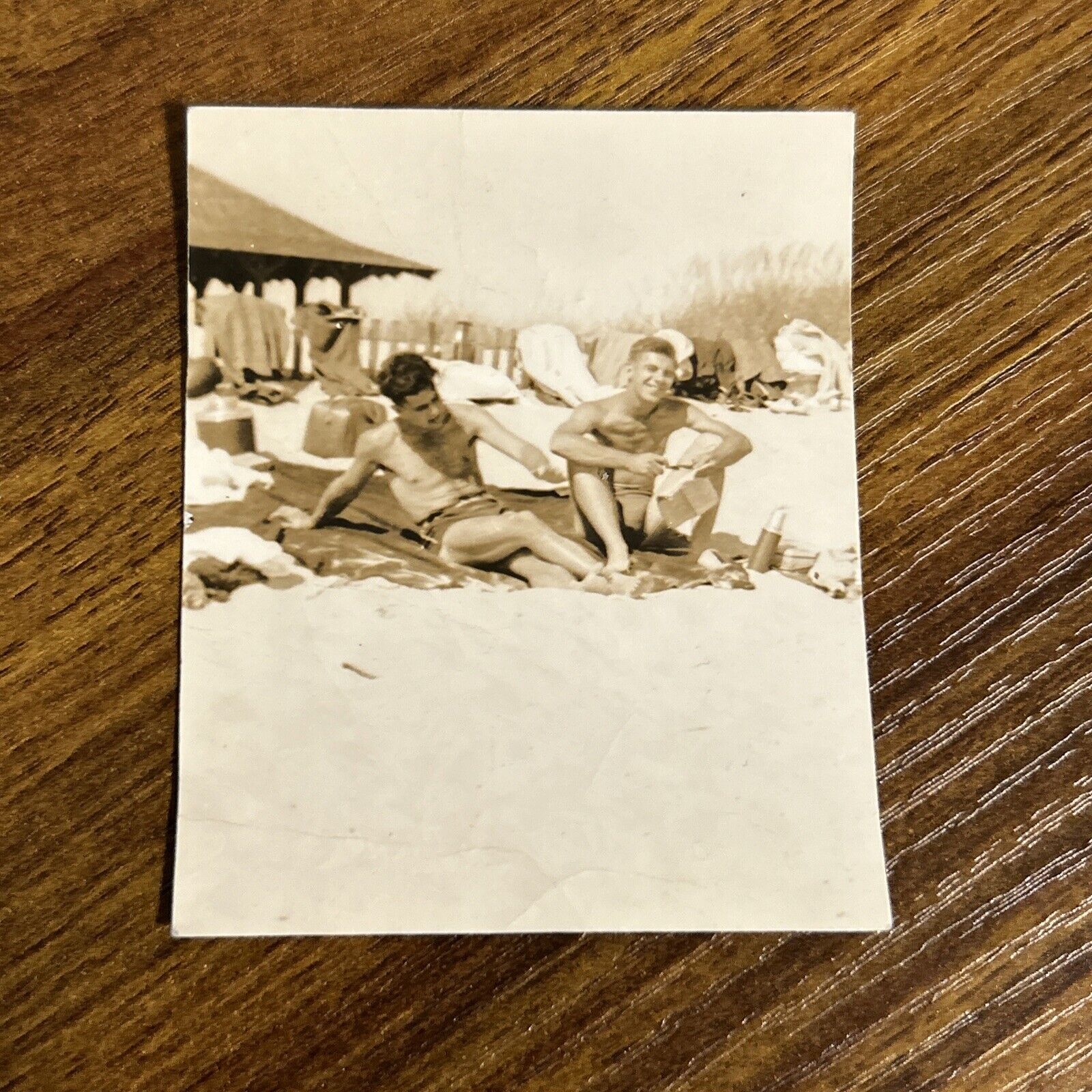Shirtless Men on Beach Sunbathing 1940s B&W Vintage Photo W4