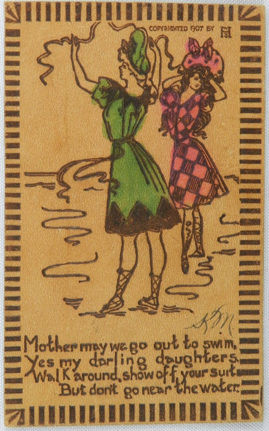 Two Women Playing Out By the Water Swimsuits - Posted Antique Leather Postcard