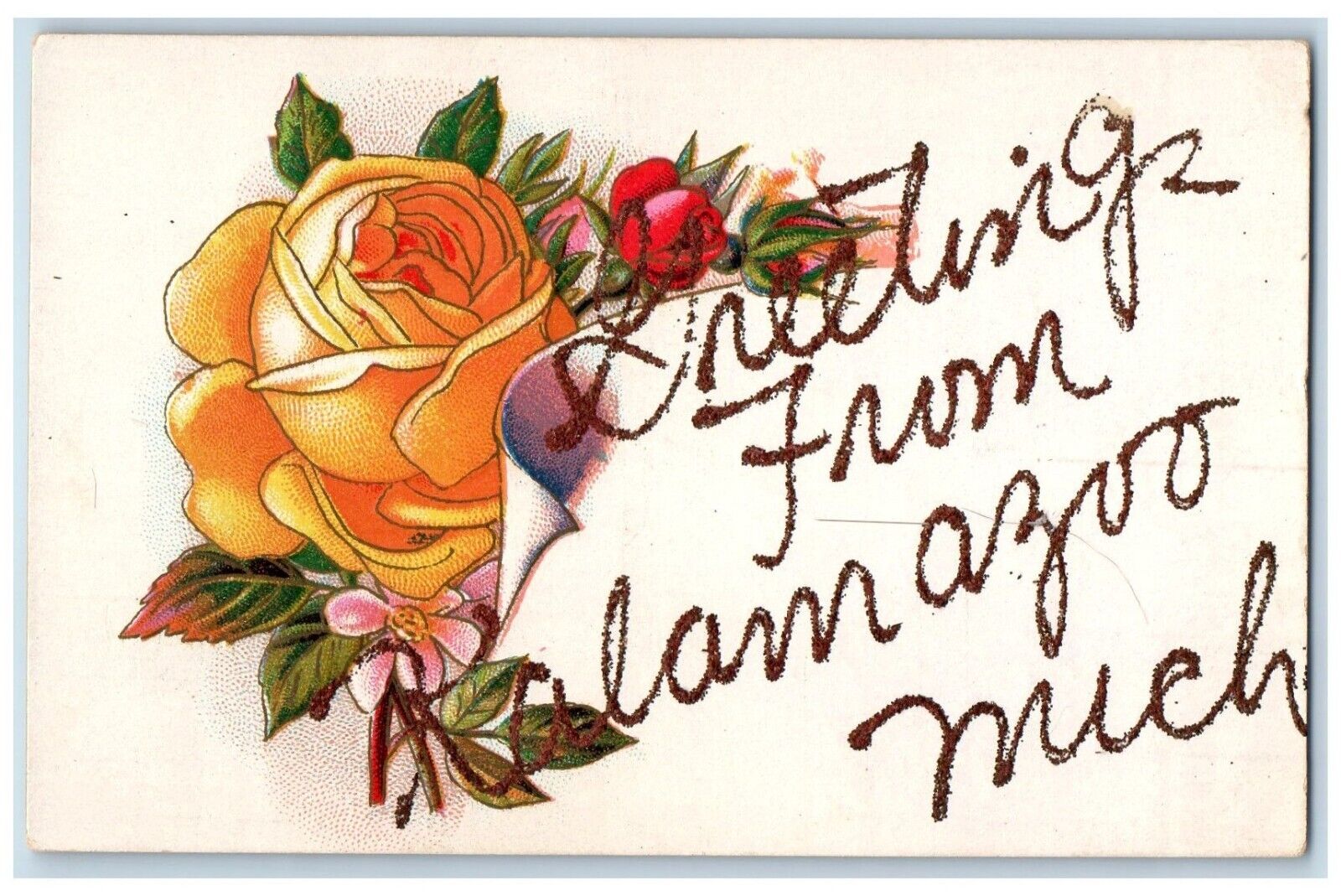 c1910\'s Greetings From Kalamazoo Michigan MI, Flowers Embossed Antique Postcard