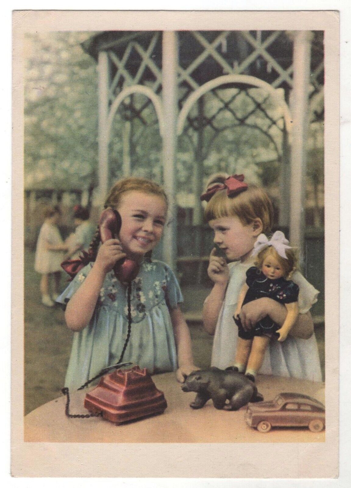 1956 Pretty GIRL Interesting talk Phone Toy Doll Color photo Old Russia postcard