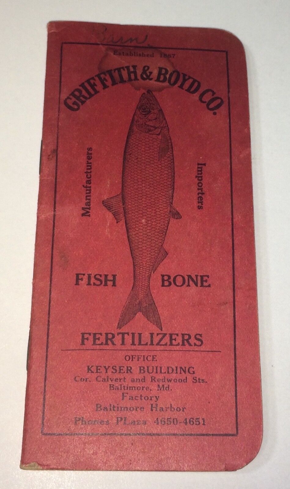 Antique Griffith & Boyd Co. Fish Bone Fertilizer Advertising Note Pad / Calendar
