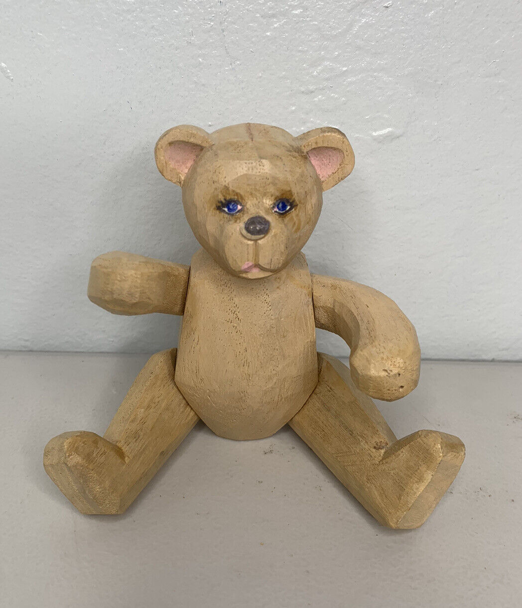 Vintage Wooden Hand Carved Jointed Teddy Bear Hand Painted Face Unique 6\