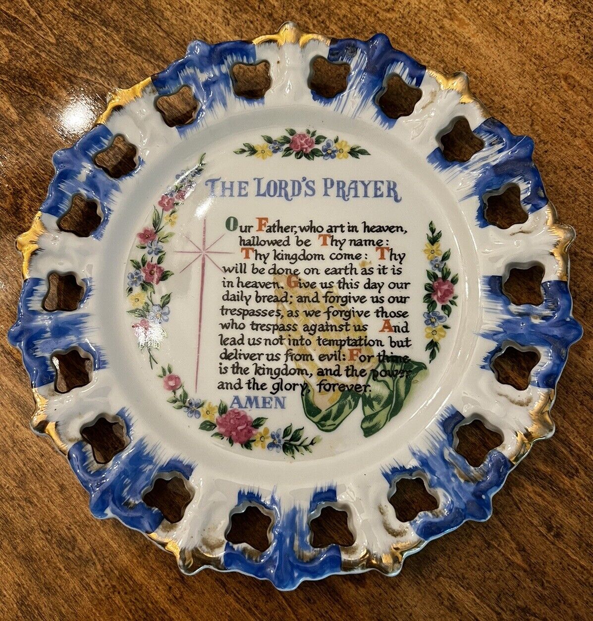 Vintage The Lords Prayer Collector Plate  Souvenir Japan Flowers Blue Gold 8.25”
