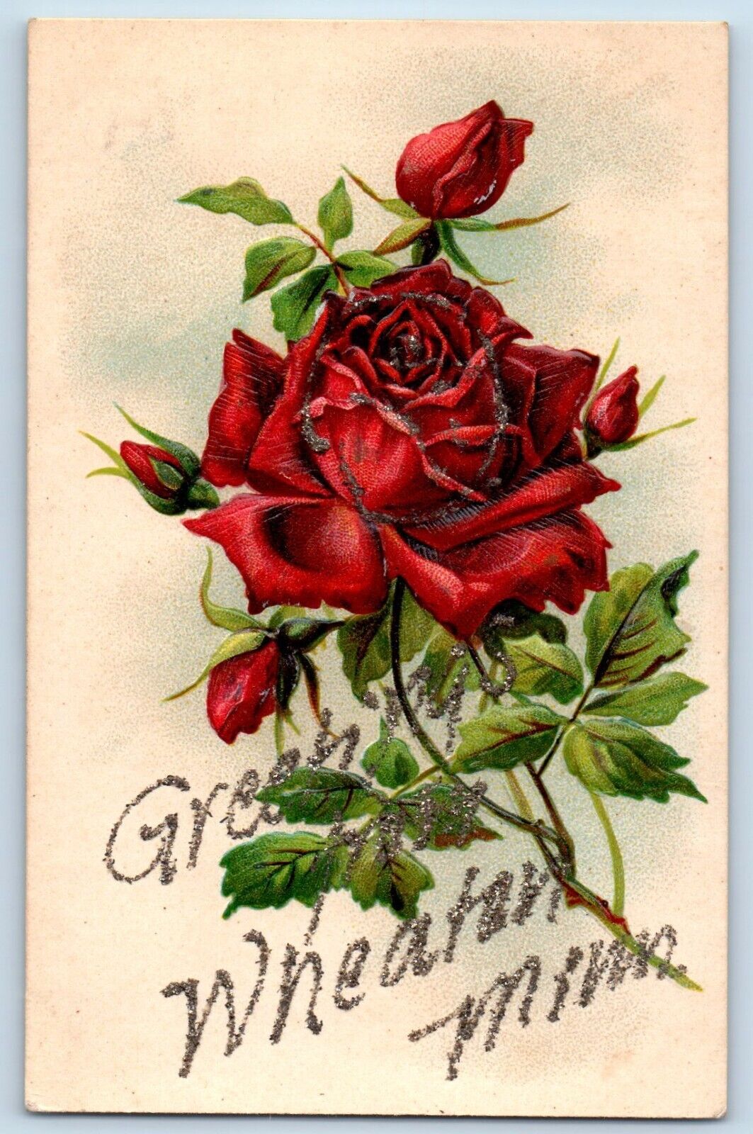 Wheaton Minnesota Postcard Greetings Roses Glitter Embossed 1910 Vintage Antique