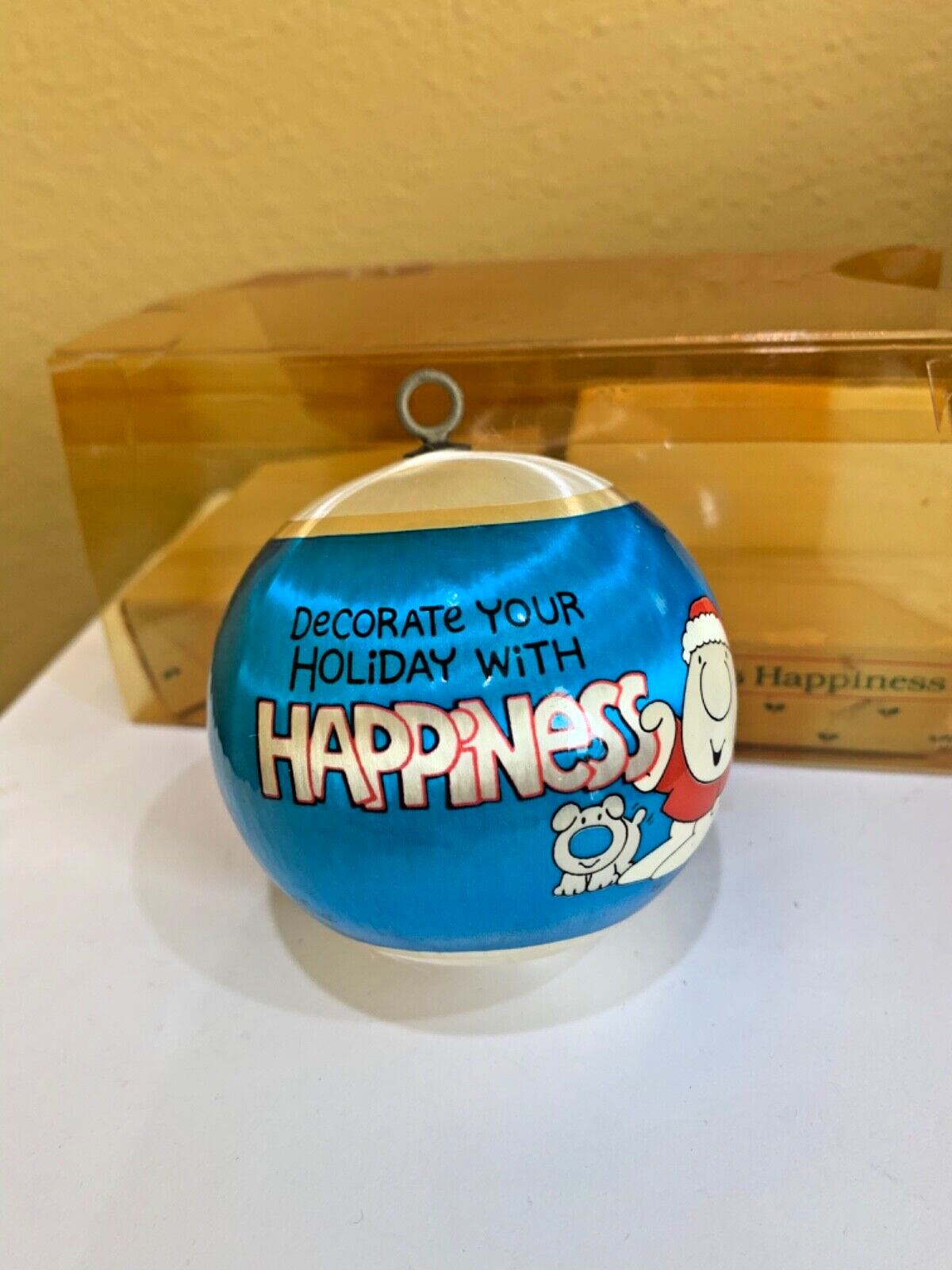 ZIGGY, Fuzz & Wack Christmas 1983 Ornament Decorate W/Happiness Blue Satin Ball