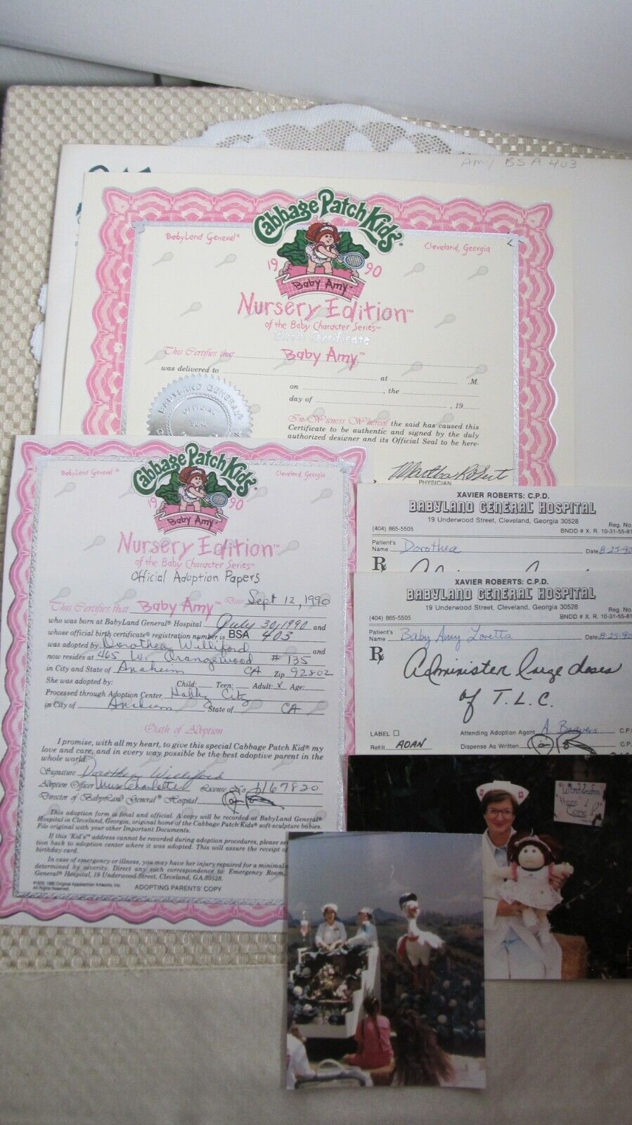 XAVIER ROBERTS ~ CABBAGE PATCH SOFT SCULPTURE BABY AMY BIRTH CERT/ADOPT PAPERS