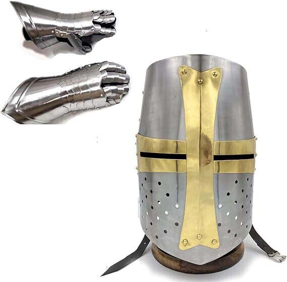 Brass Crusader Helmet Premium Quality with Fitted Leather Liner Handtooled