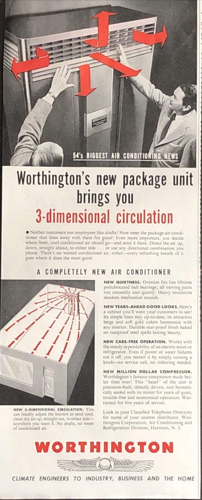 1954 Worthington Air Conditioner VTG 1950s PRINT AD 3-D Circulation Harrison NJ