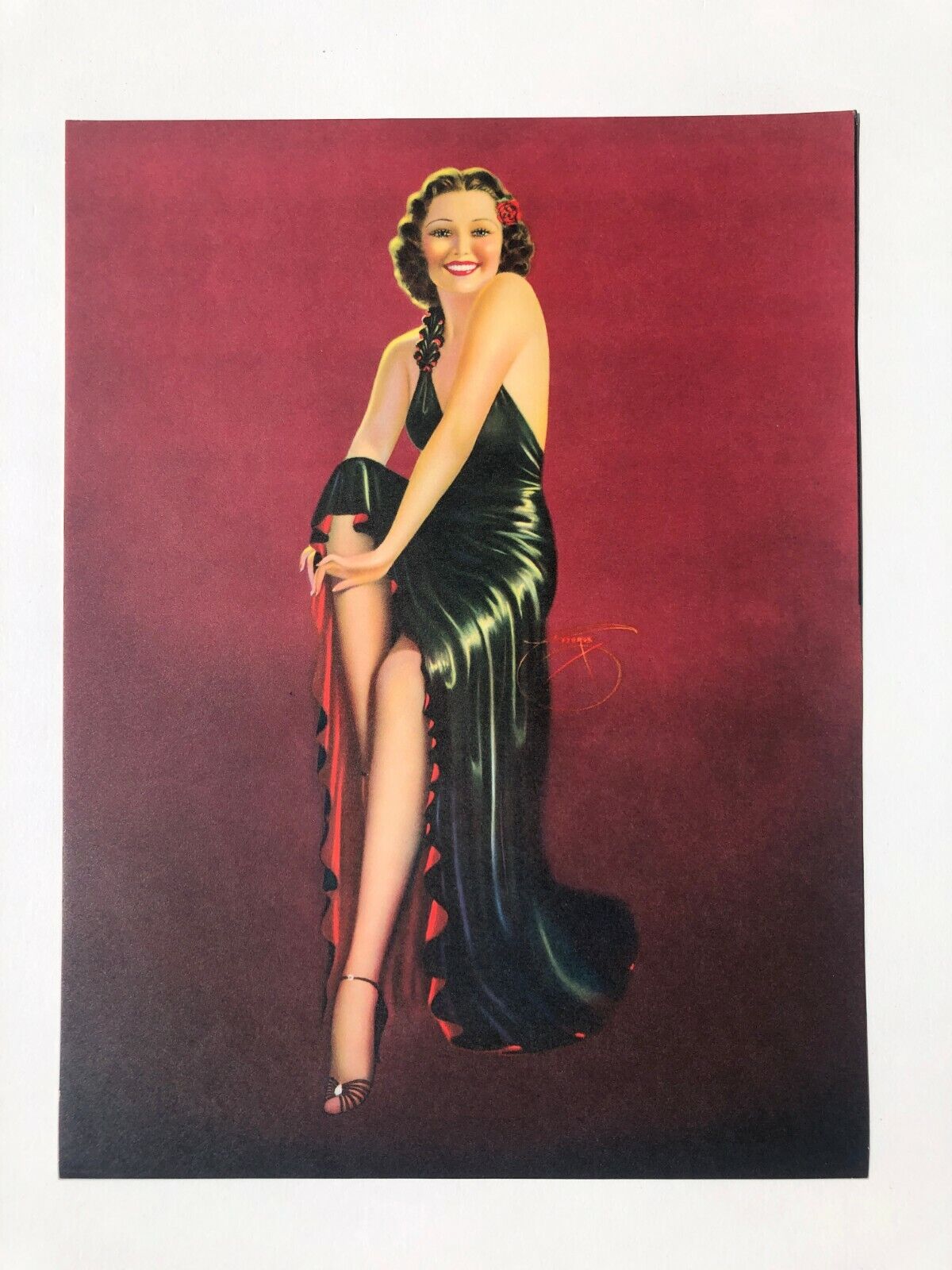 Mint Condition 1940's  Billy DeVorss Pinup Girl Picture Brunette in Black Dress