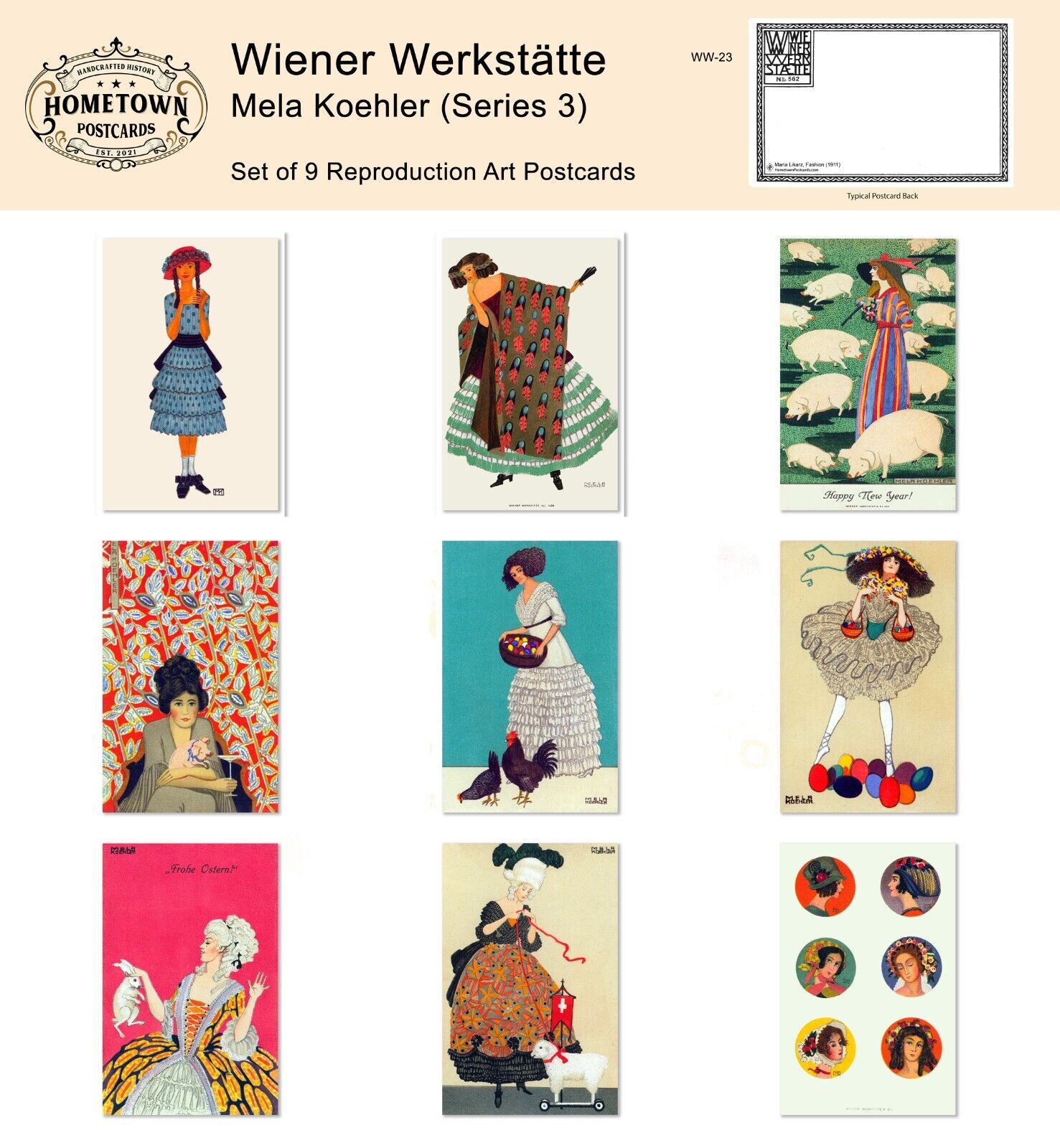 Wiener Werkstatte:  	Mela Koehler (Series 3) - Lot of (9) Rare Repro Postcards