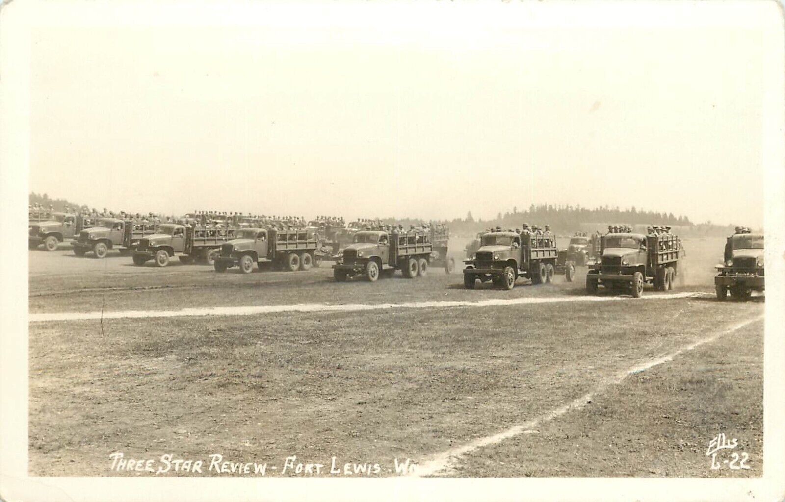 RPPC Postcard; Three Star Review, Fort Lewis WA Soldiers in Trucks, Ellis L-22