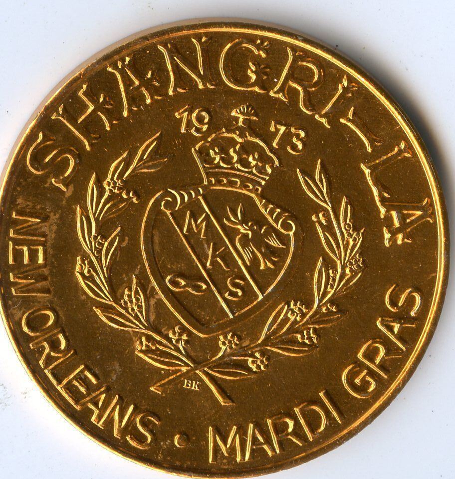 .Mardi Gras Doubloon Krewe of Shangri-La 1975 Aluminum Gold