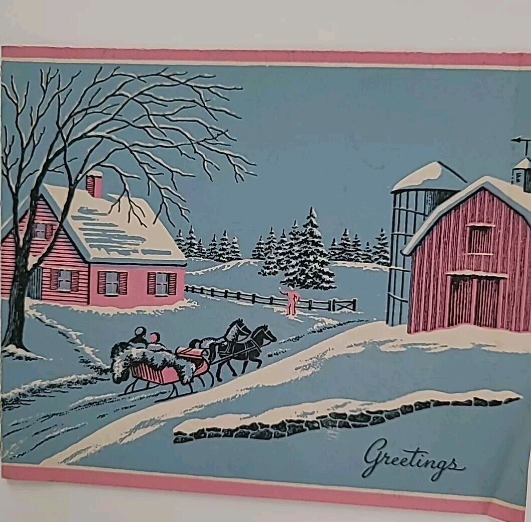 1955 Vtg PINK CHRISTMAS CARD Pink HOUSE Pink BARN Pink Horse SLED Lady PINK Hat