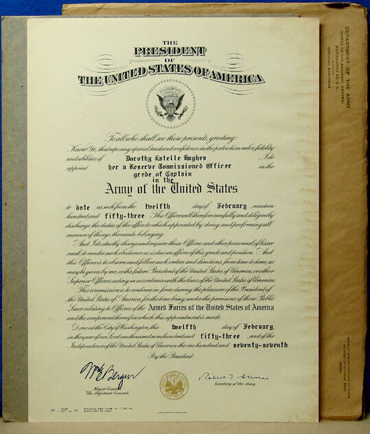 LARGE 1953 U.S. ARMY CAPTAIN COMMISSIONED OFFICER CERTIFICATE WITH ENVELOPE