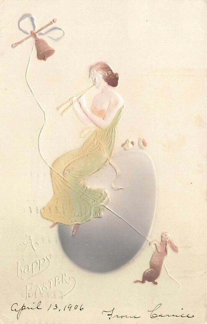 c1905 Fantasy Woman Playing Clarinet Exaggerate Egg Humanized Rabbit Easter P220