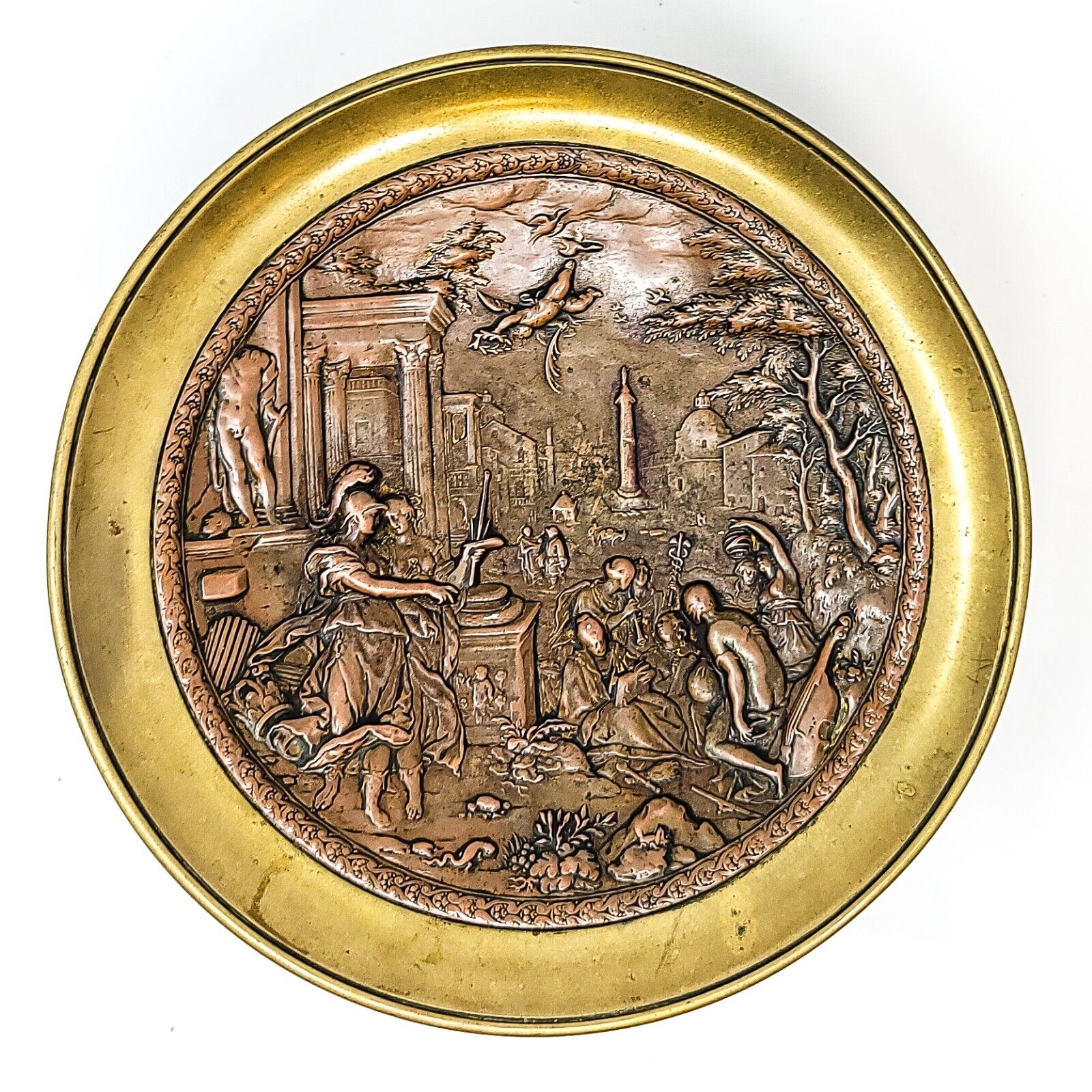 Antique Copper Bronze & Brass Tazza The Triumph of Virtue Relief 
