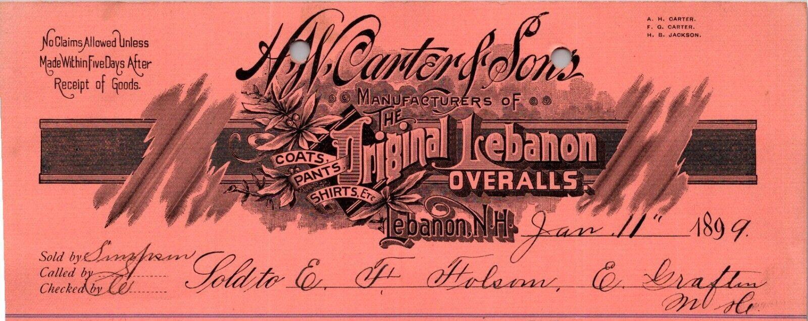 1899 H W CARTER SONS COATS PANTS SHIRTS LEBANON OVERALLS MFR LEBANON NH CV212