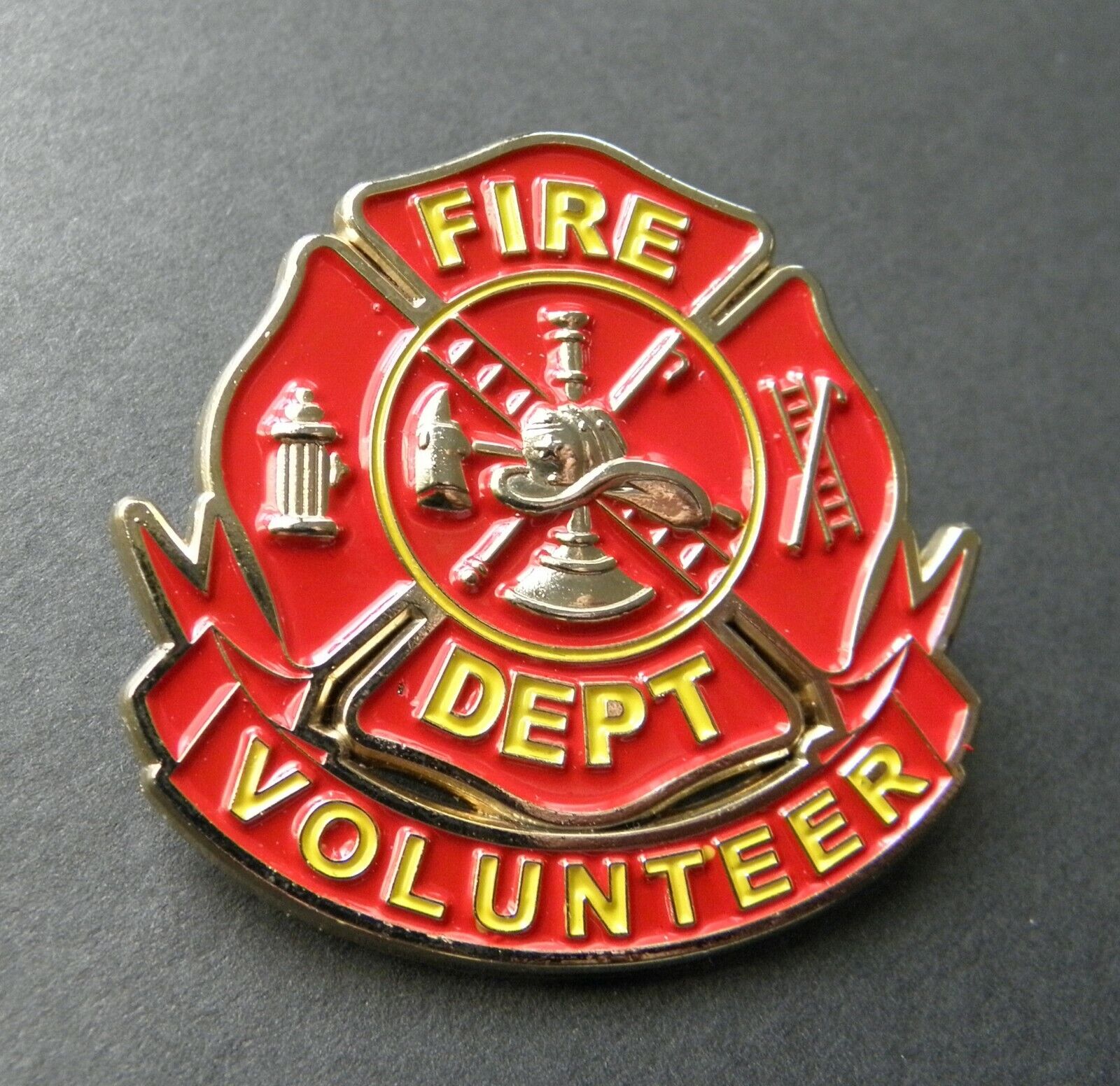 VOLUNTEER FIRE FIGHTER FIRE DEPT MEDALLION SHIELD LAPEL PIN BADGE 1.75 INCHES
