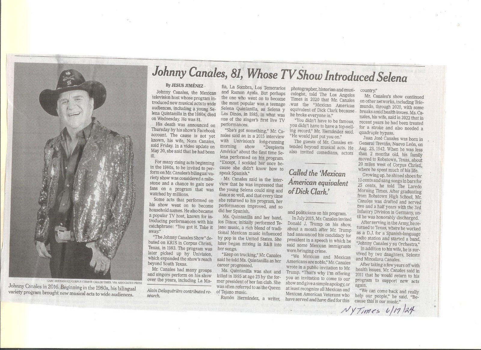 Johnny Canales Obituary Show Introduced Selena -NYtimes June 17, 2024