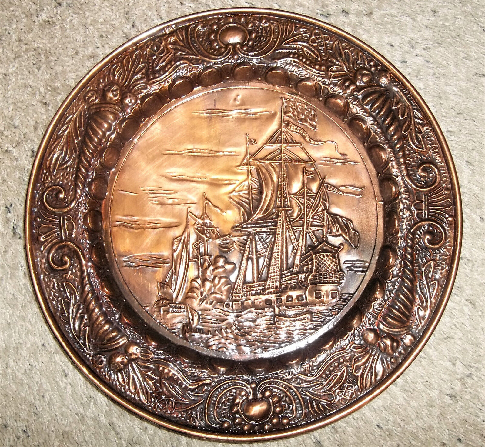 Embossed Round Metal - Bronze Nautical Wall Decor, 14 Inches, Vintage