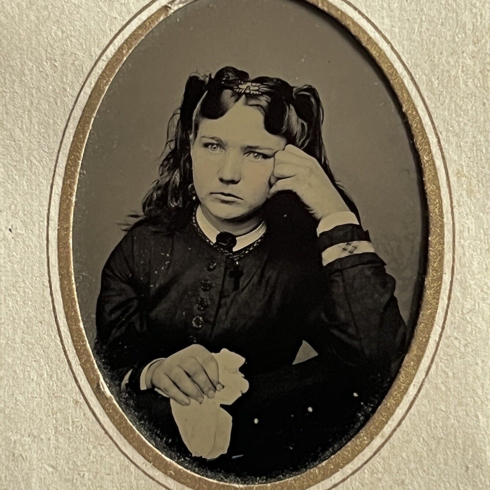 Antique Tintype Photograph Beautiful Young Woman Holding Handkerchief Mourning