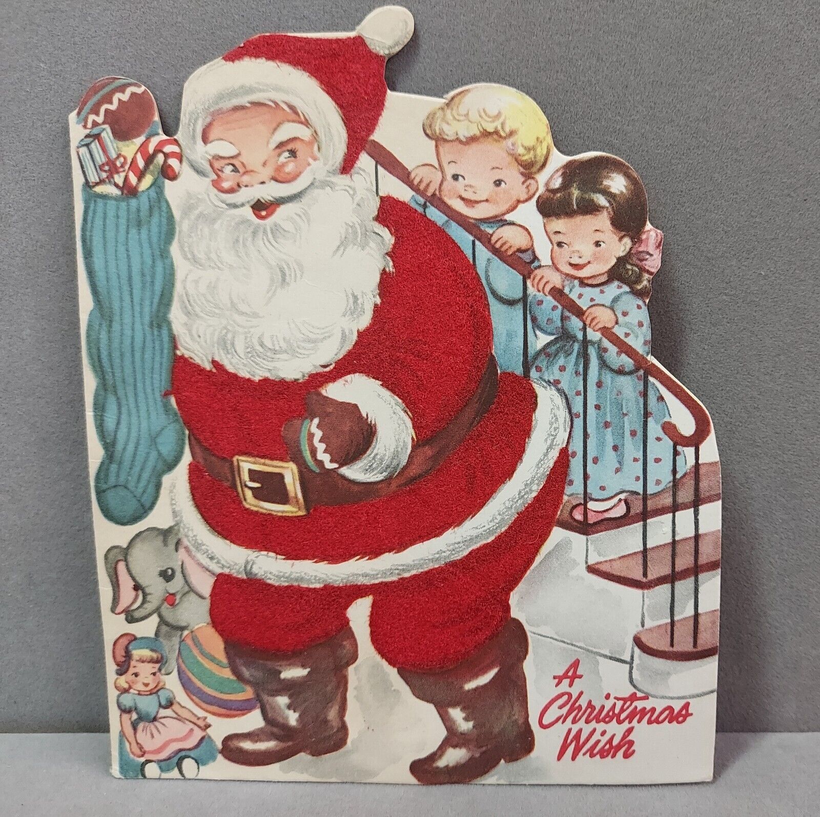 Vintage Die Cut Christmas Card 1950s Flocked Santa Christmas Wish Used Whit Card