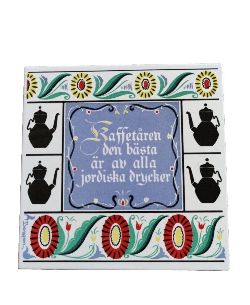 Vintage 1960\'s Berggren Trayner Ceramic Tile Trivet Swedish Folk Art Felt Back